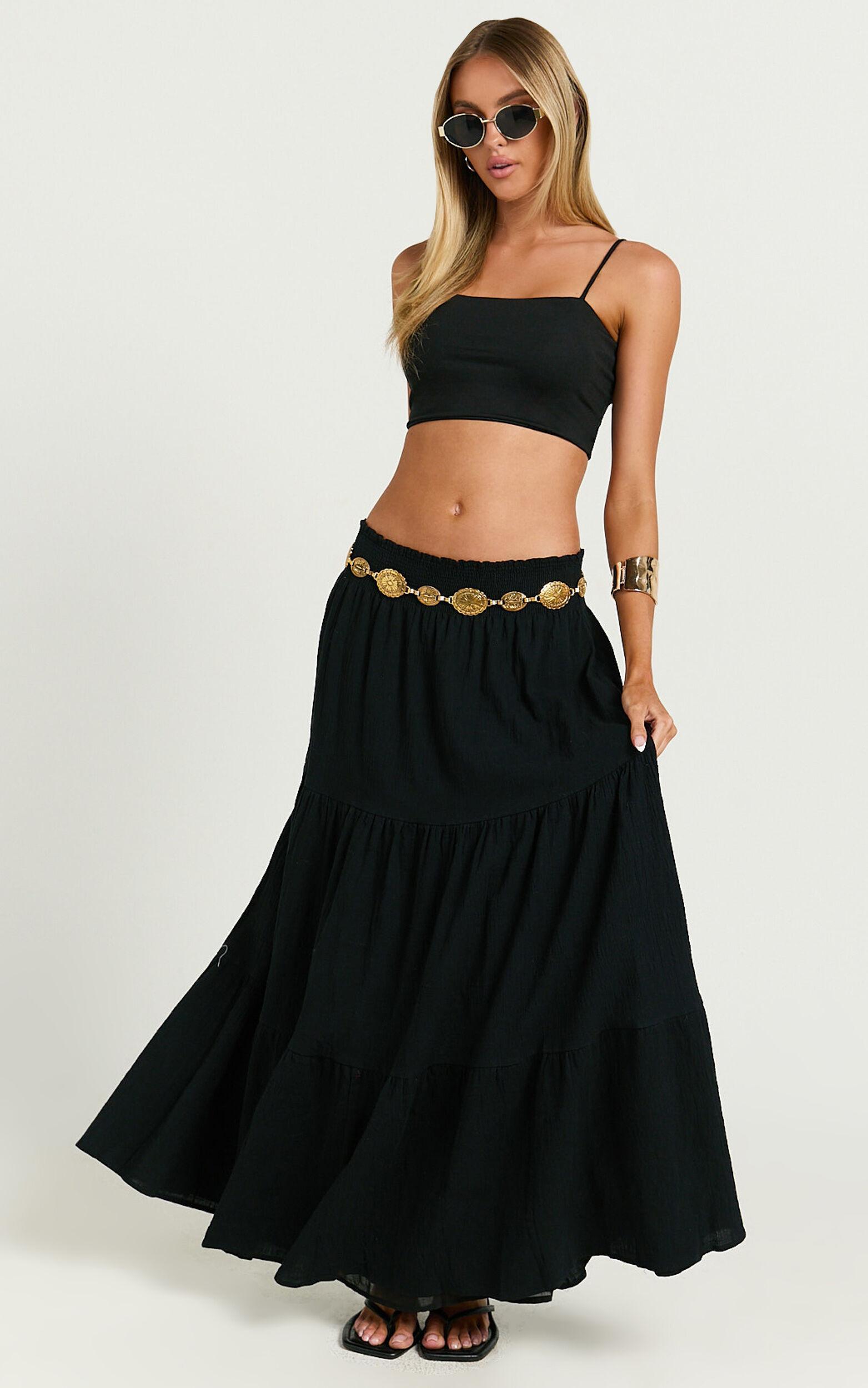 Ruby Midi Skirt - Shirred High Waist Cotton Tiered Midi Skirt in Black Product Image