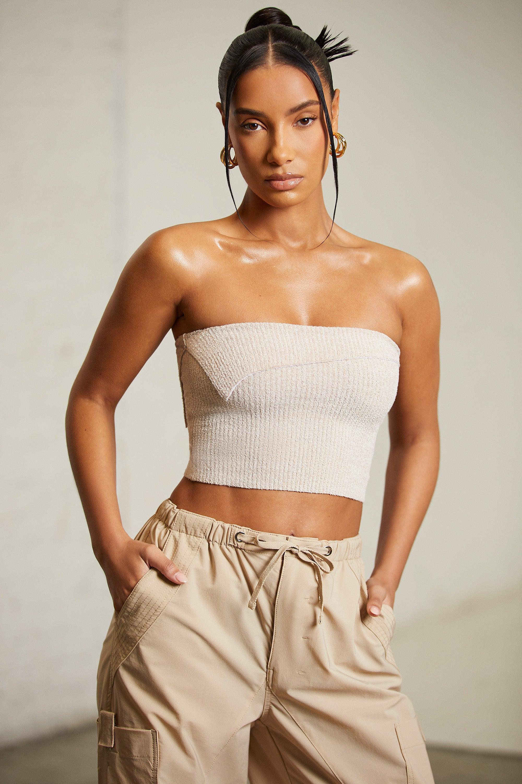 Overlap Bandeau Crop Top in Beige Product Image