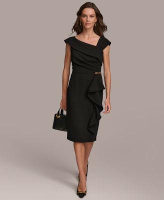 Women's Asymmetric Neckline Cap Sleeve Ruffle Trim Sheath Dress Product Image