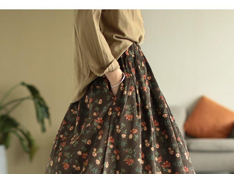 Elastic Waist Floral Corduroy Midi A-Line Skirt Product Image