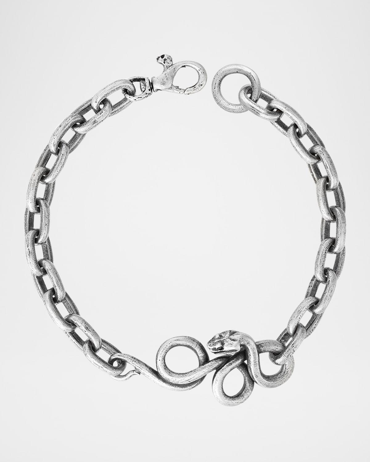 Mens Snakeskin Sterling Silver Link Bracelet with Black Diamond Product Image