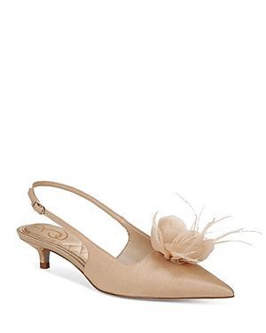 Sam Edelman Faye Satin Kitten Heel Slingback Sheer Flower and Feather Detail Pumps Product Image