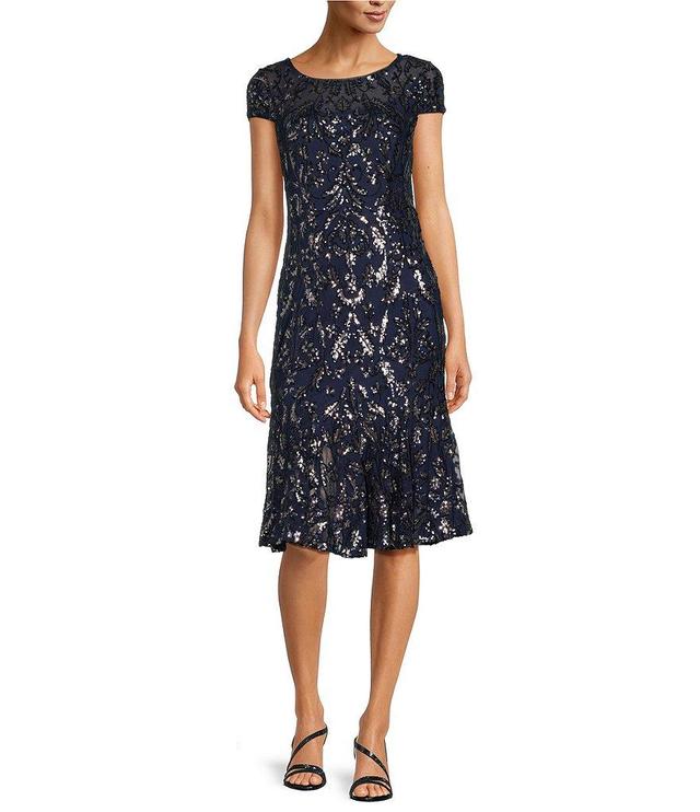 Alex Evenings Short Sleeve Scoop Neck Sequin Flounce Hem Midi Fit and Flare Dress Product Image