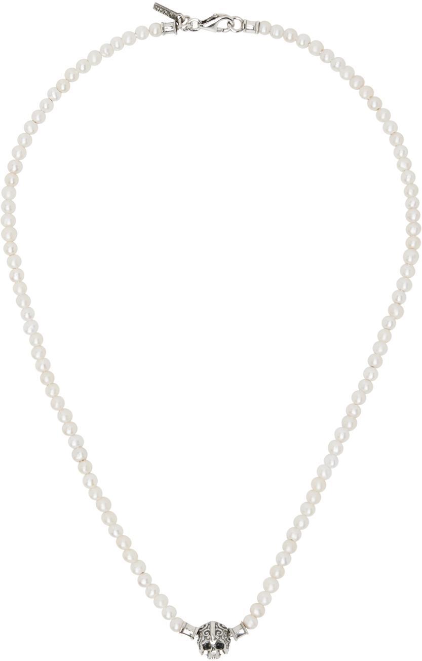 EMANUELE BICOCCHI Small Pearl Necklace W/ Arabesque Skull In Weiss,silber Product Image