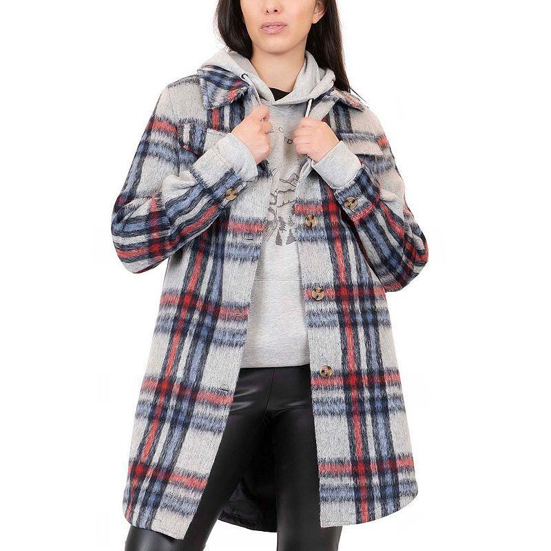 Juniors Coffee Shop Plaid Faux Wool Shacket, Womens Product Image