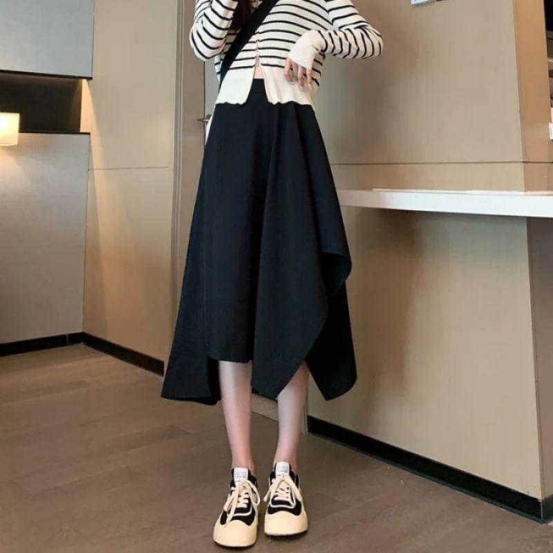 High Waist Plain Asymmetrical Midi A-Line Skirt Product Image