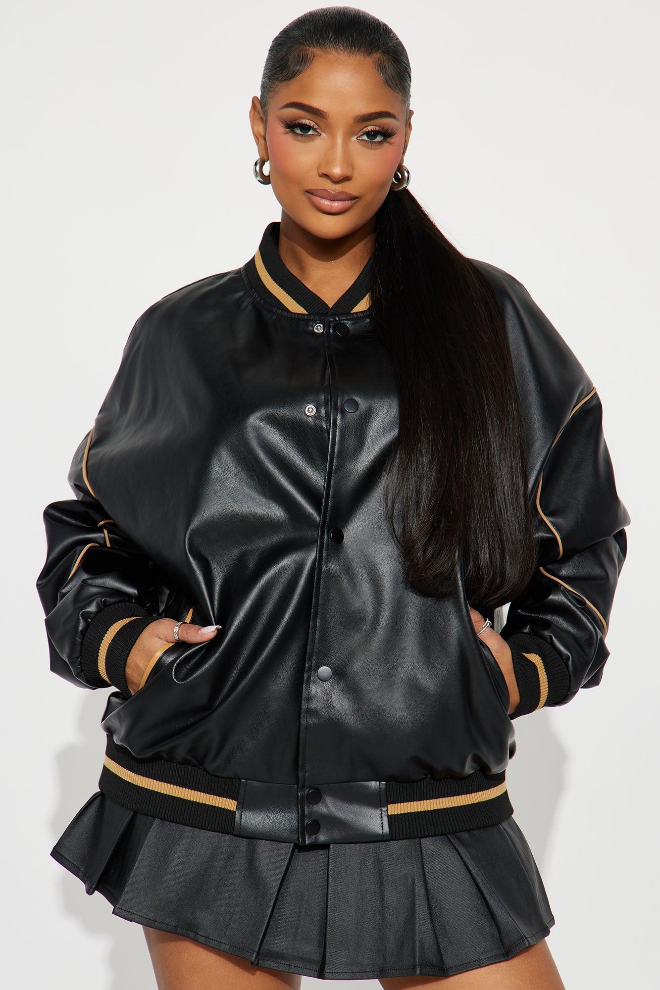 Cozy In Brooklyn Faux Leather Bomber Jacket - Black Product Image