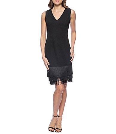 Marina Sleeveless V-Neck Fringe Hem Scuba Crepe Short Sheath Dress Product Image