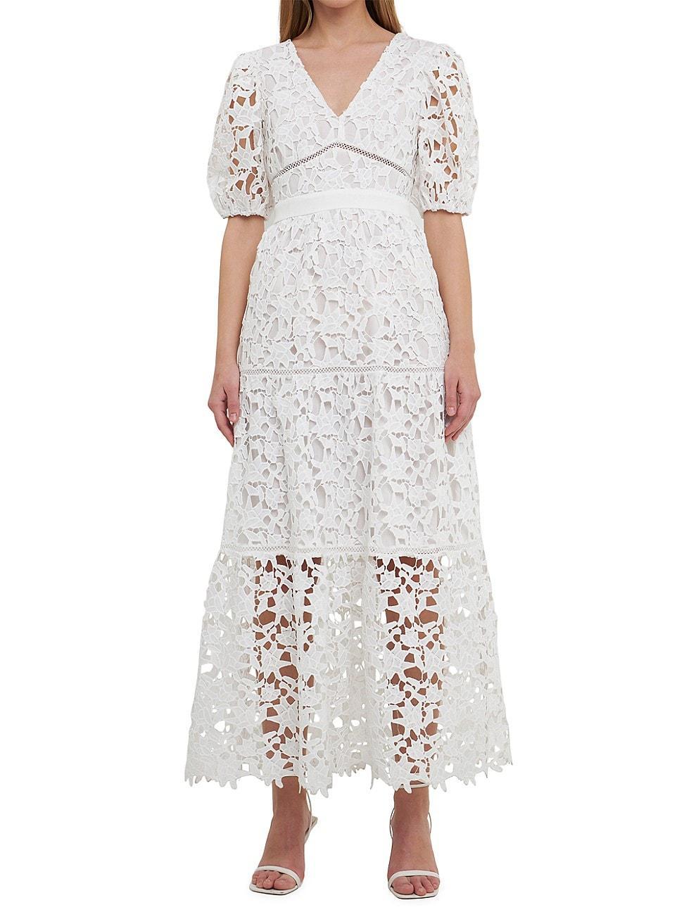 Womens Puff Sleeves Lace Tiered Maxi Dress Product Image