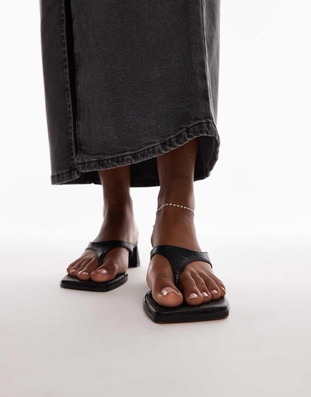 Topshop Indy toe post mid heeled sandals in black croc Product Image