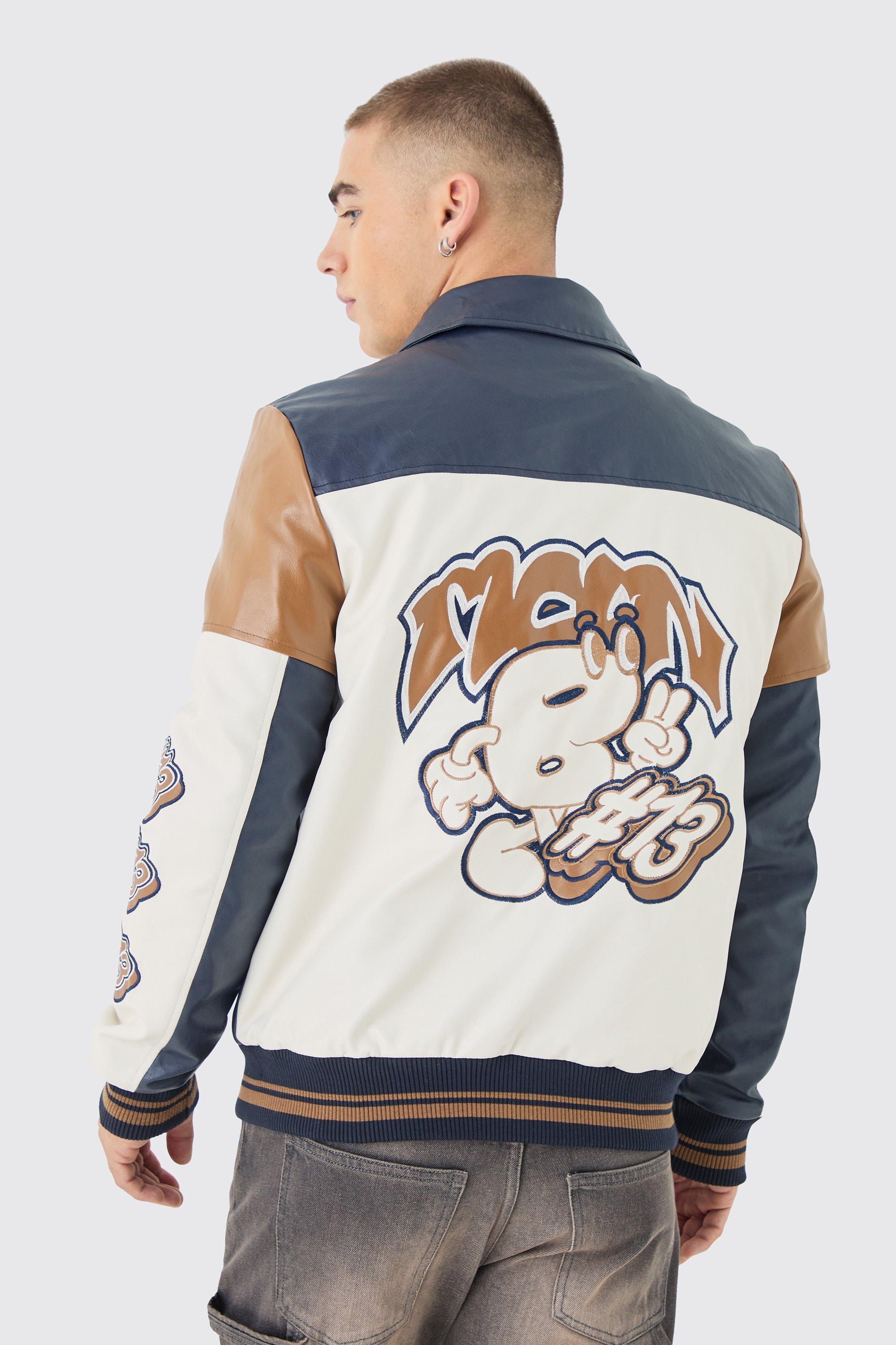 Badge Detail Colour Block Pu Varsity Jacket In Navy | boohooMAN USA Product Image