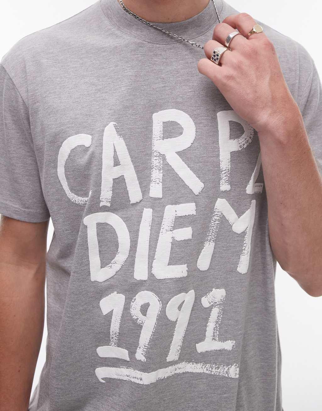 Topman oversized fit T-shirt with Carpe Diem print in gray heather Product Image