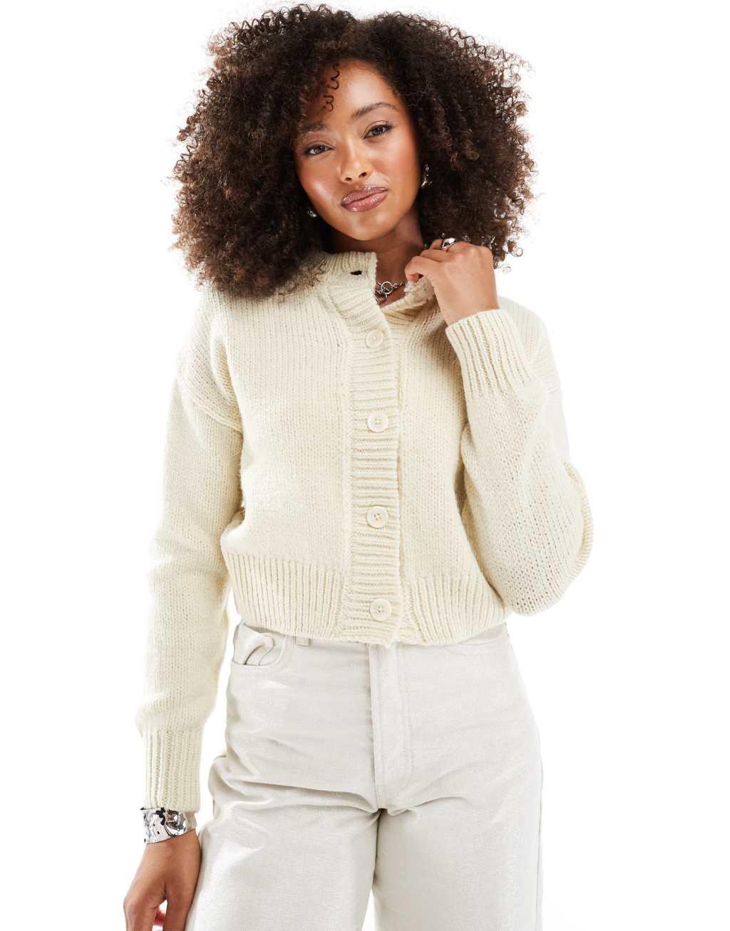 ASOS DESIGN crop crew neck cardigan in cream Product Image