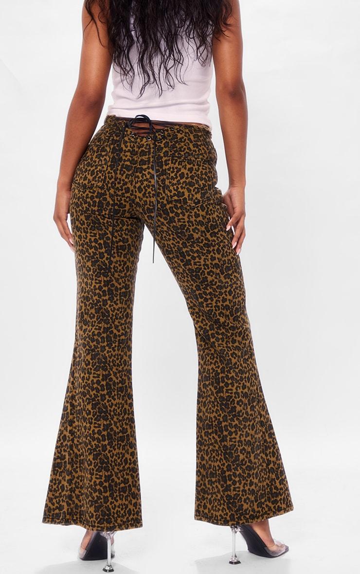 Leopard Dipped Lace Up Back Flared Denim Jean Product Image