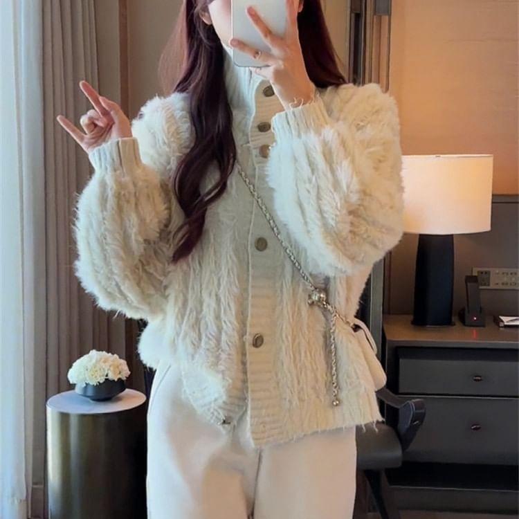 Turtleneck Plain Fluffy Button Up Cardigan Product Image