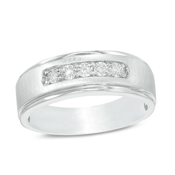 Men's 1/20 CT. T.w. Diamond Five Stone Satin Wedding Band in 10K White Gold Product Image