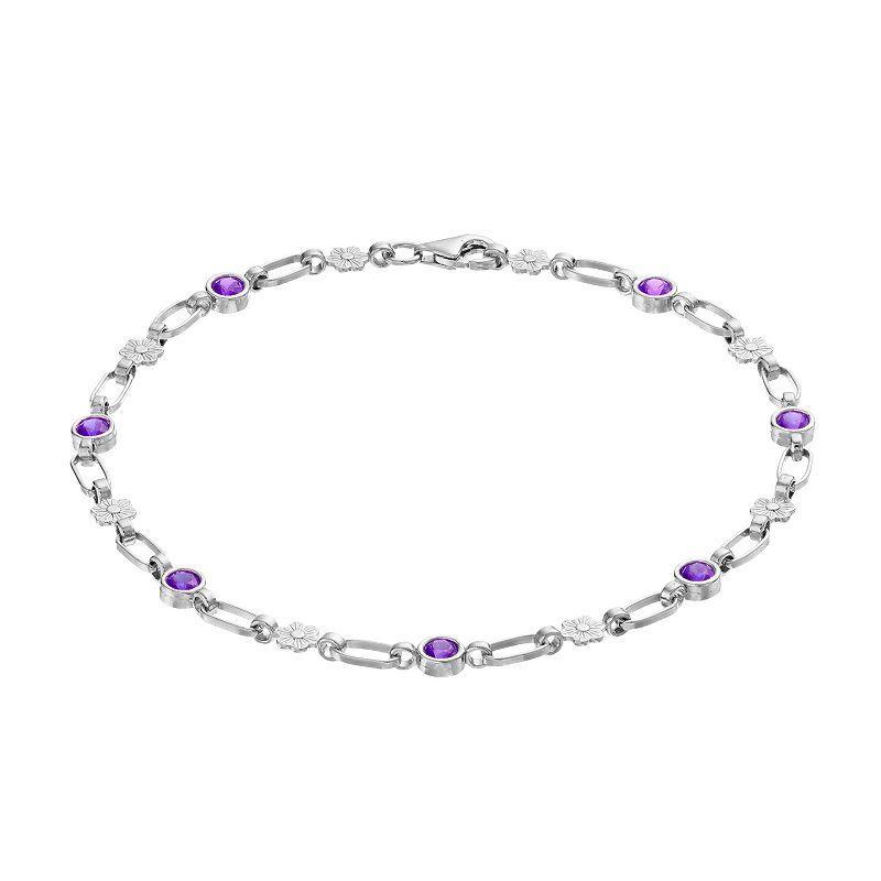 Kristen Kesho Sterling Silver Lab-Created Amethyst Flower Link Bracelet, Womens Grey Product Image