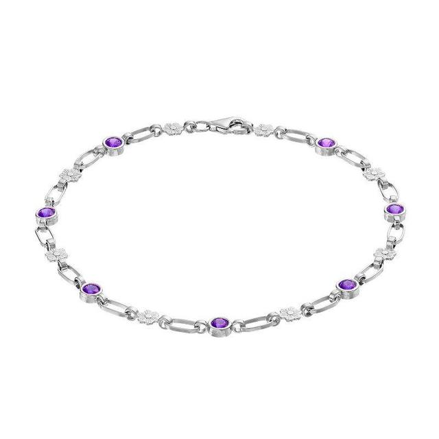 Kristen Kesho Sterling Silver Lab-Created Amethyst Flower Link Bracelet, Womens Product Image