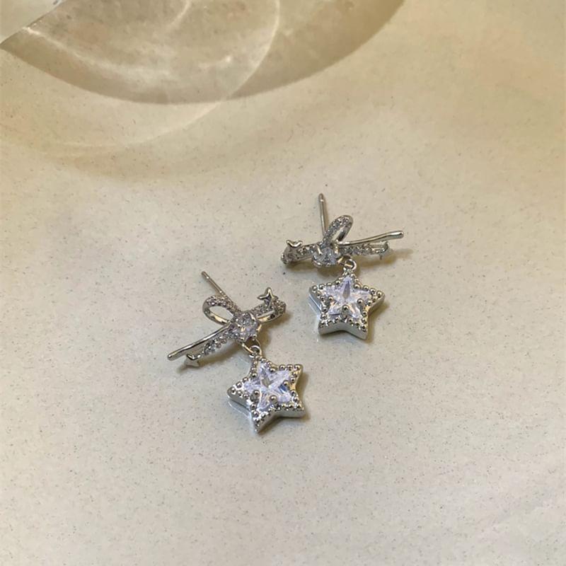 Bow Rhinestone Star Drop Earrings Product Image