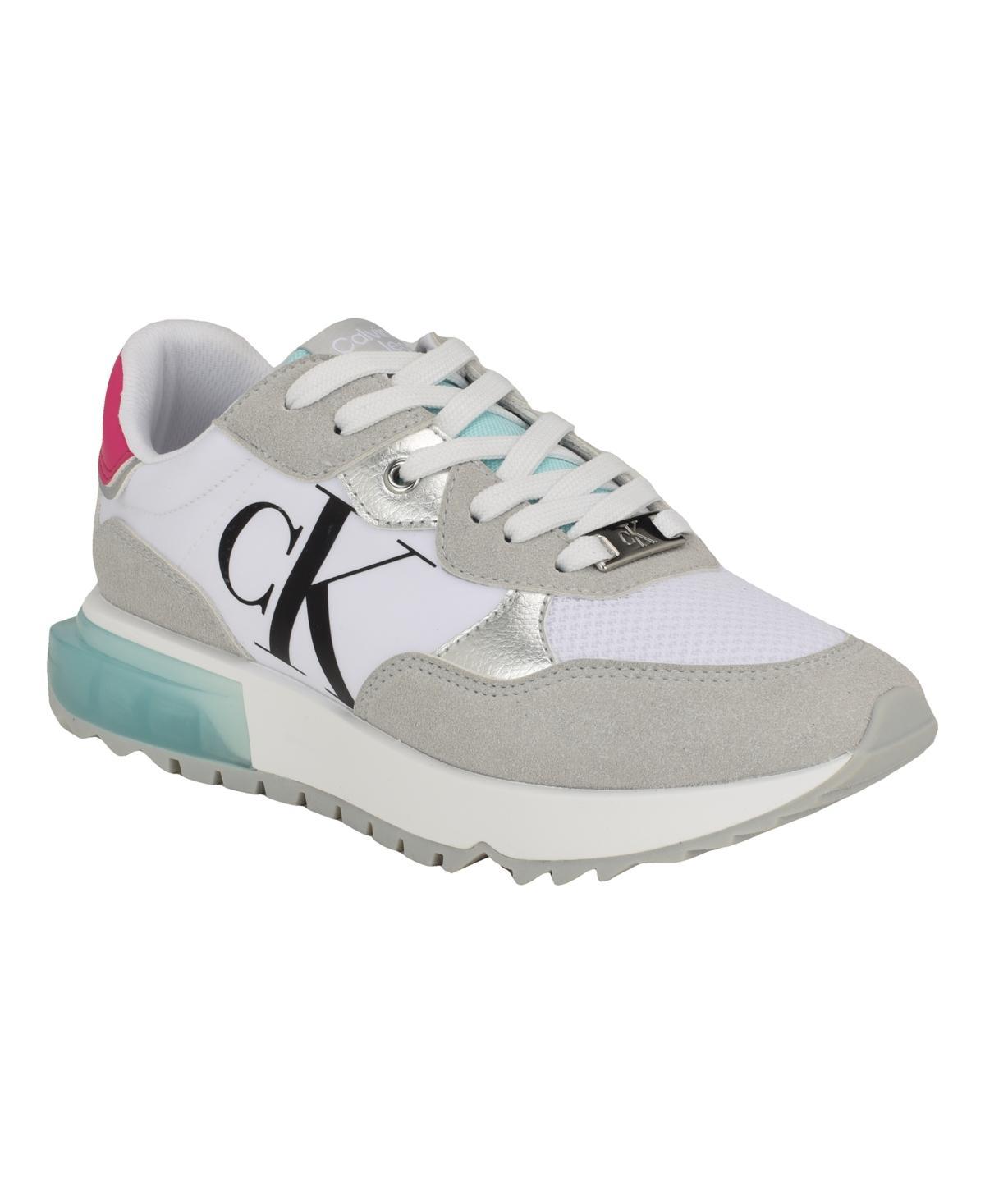 Calvin Klein Womens Magalee Casual Logo Lace-Up Sneakers - Light Gray- Manmade Product Image