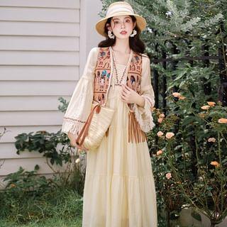 Long Sleeve Square Neck Floral Patterned Panel Fringe Midi A-Line Dress / V-Neck Patterned Fringe Vest / Set Product Image