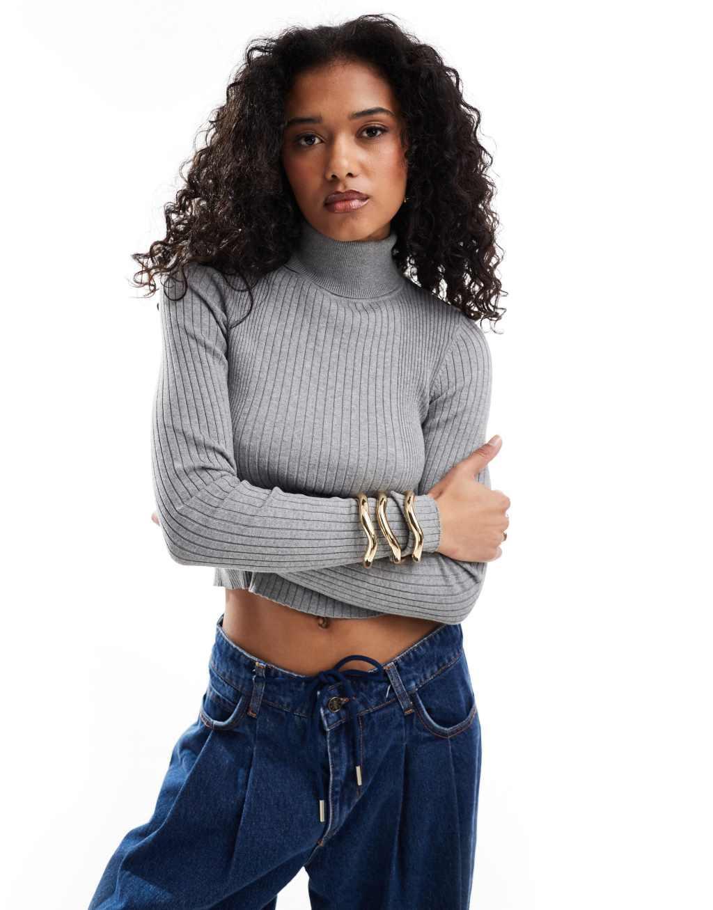 ASOS DESIGN knitted roll neck top in engineered rib in gray Product Image