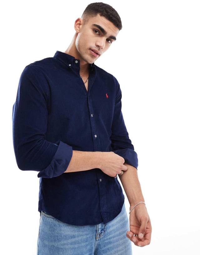 Polo Ralph Lauren icon logo slim fit cord shirt in navy Product Image