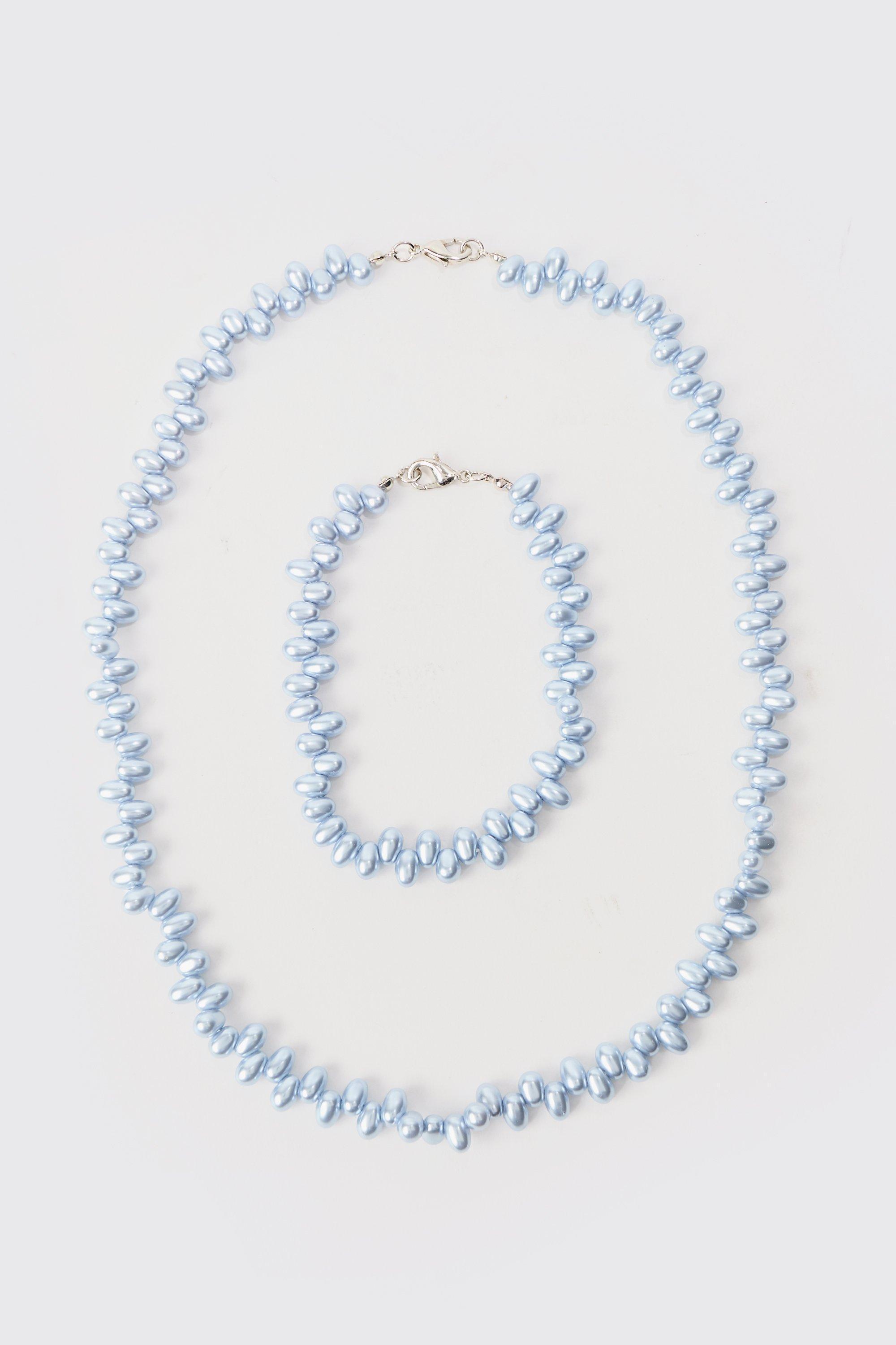 Pearl Bead Necklace & Bracelet Set In Blue | boohooMAN USA Product Image