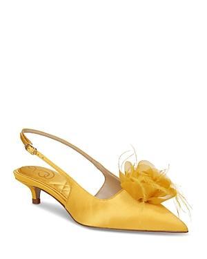 Sam Edelman Faye Satin Kitten Heel Slingback Sheer Flower and Feather Detail Pumps Product Image