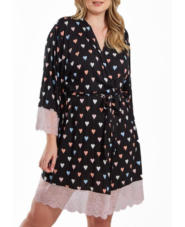 iCollection Tobey Plus Size Modal Hearts Robe Trimmed in Contrast Lace with Self Tie Sash Product Image