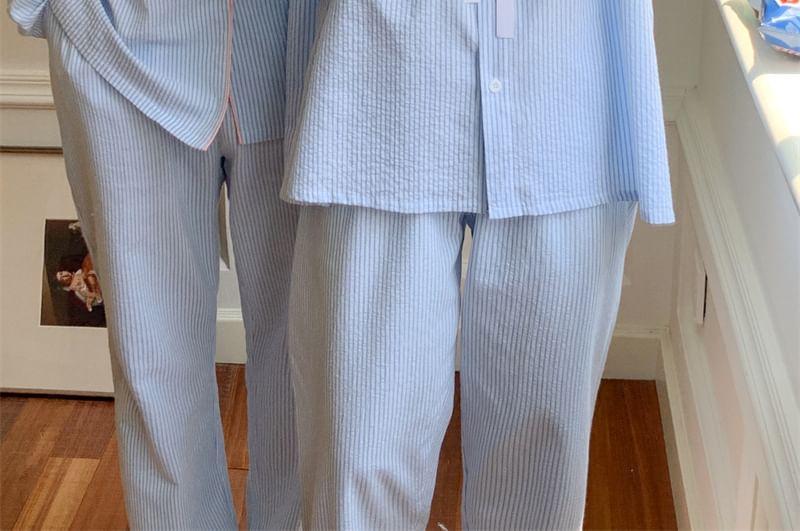 Couple Matching Striped Lace Trim Pajama Shirt / Pocket Detail Shirt / Pants / Set Product Image