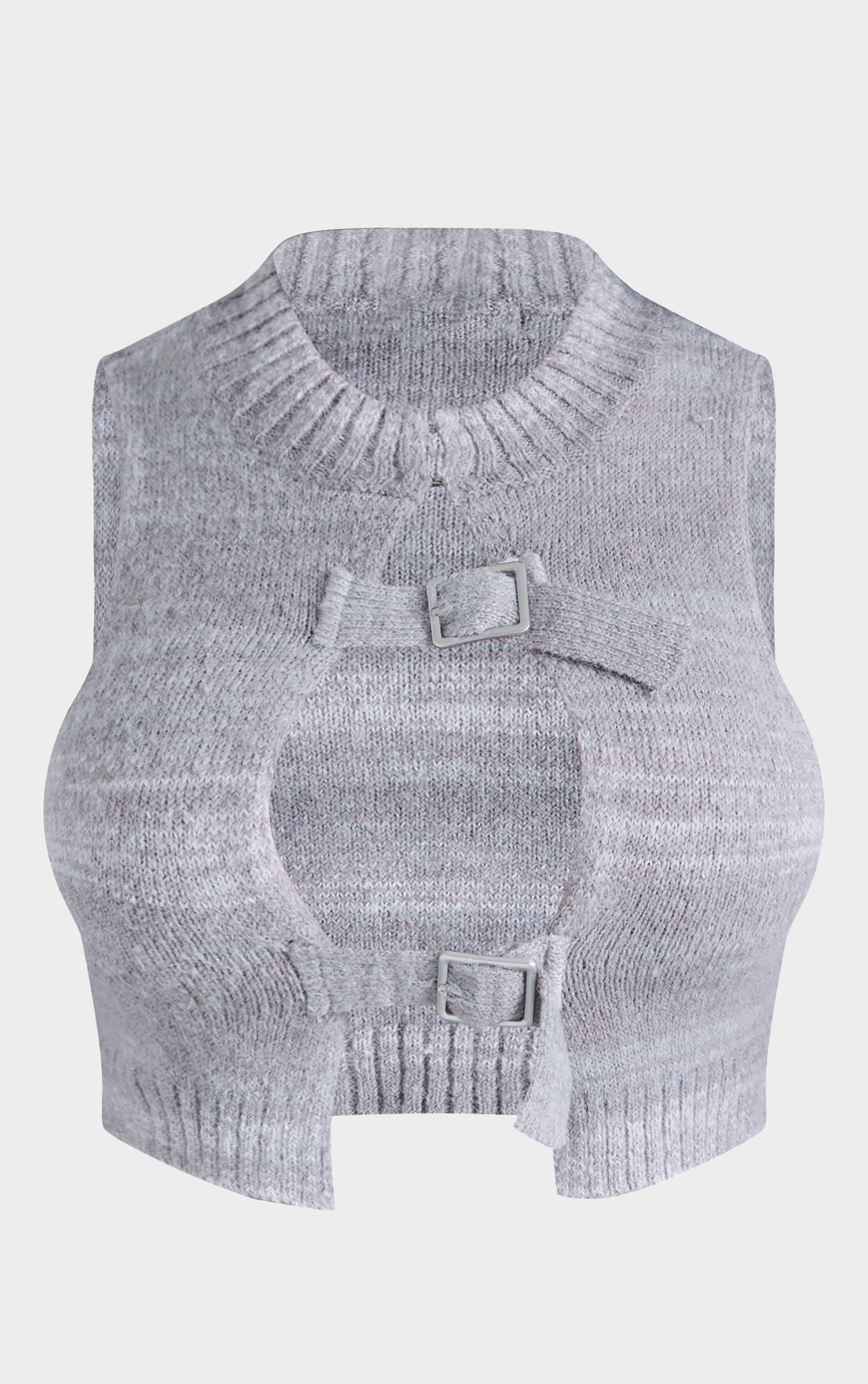 Shape Grey Marl Stripe Knit Double Buckle Crop Top Product Image