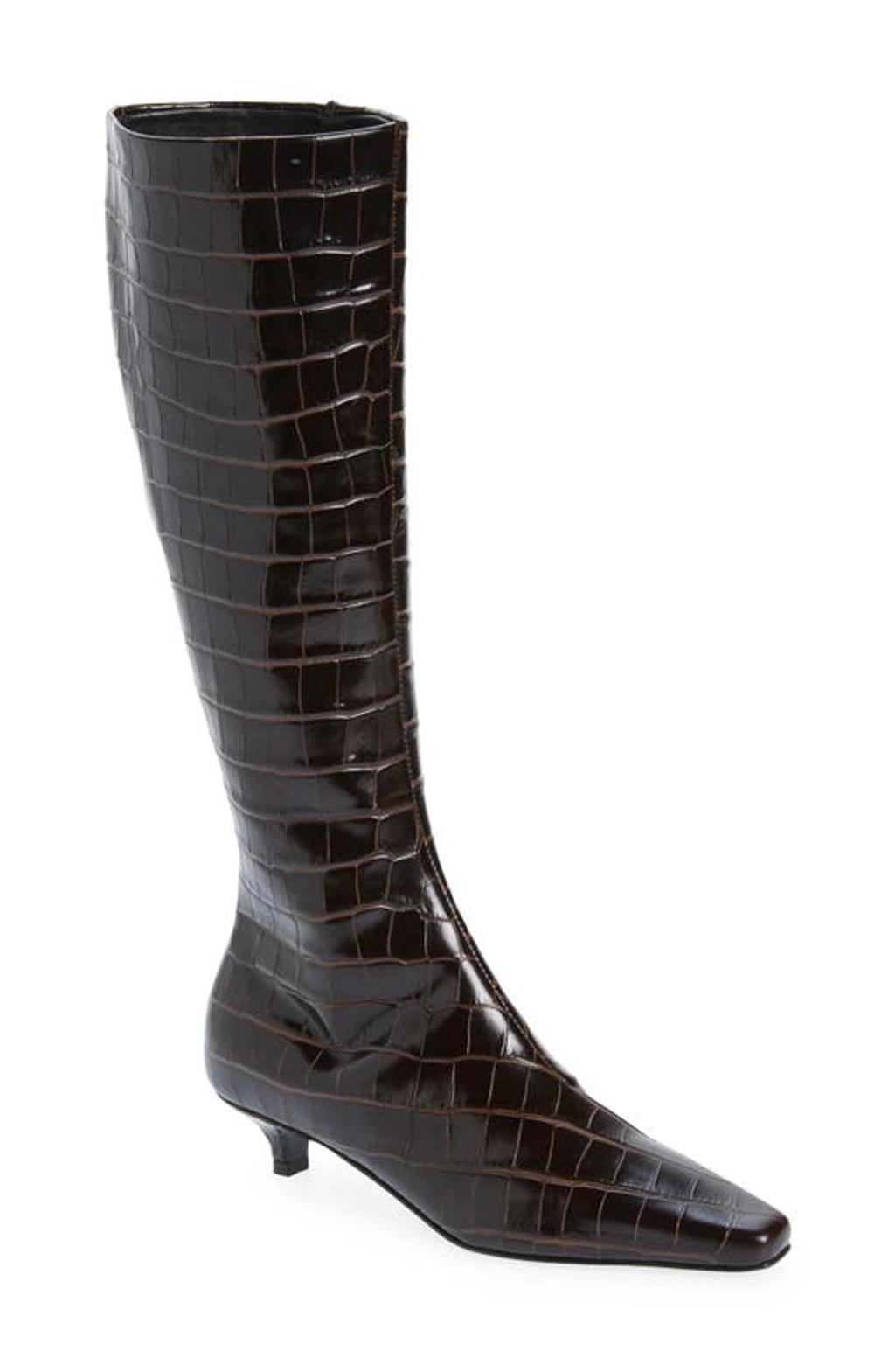 TOTÊME Toteme The Slim Croc Embossed Kitten Heel Knee High Boot In Dark Brown Product Image