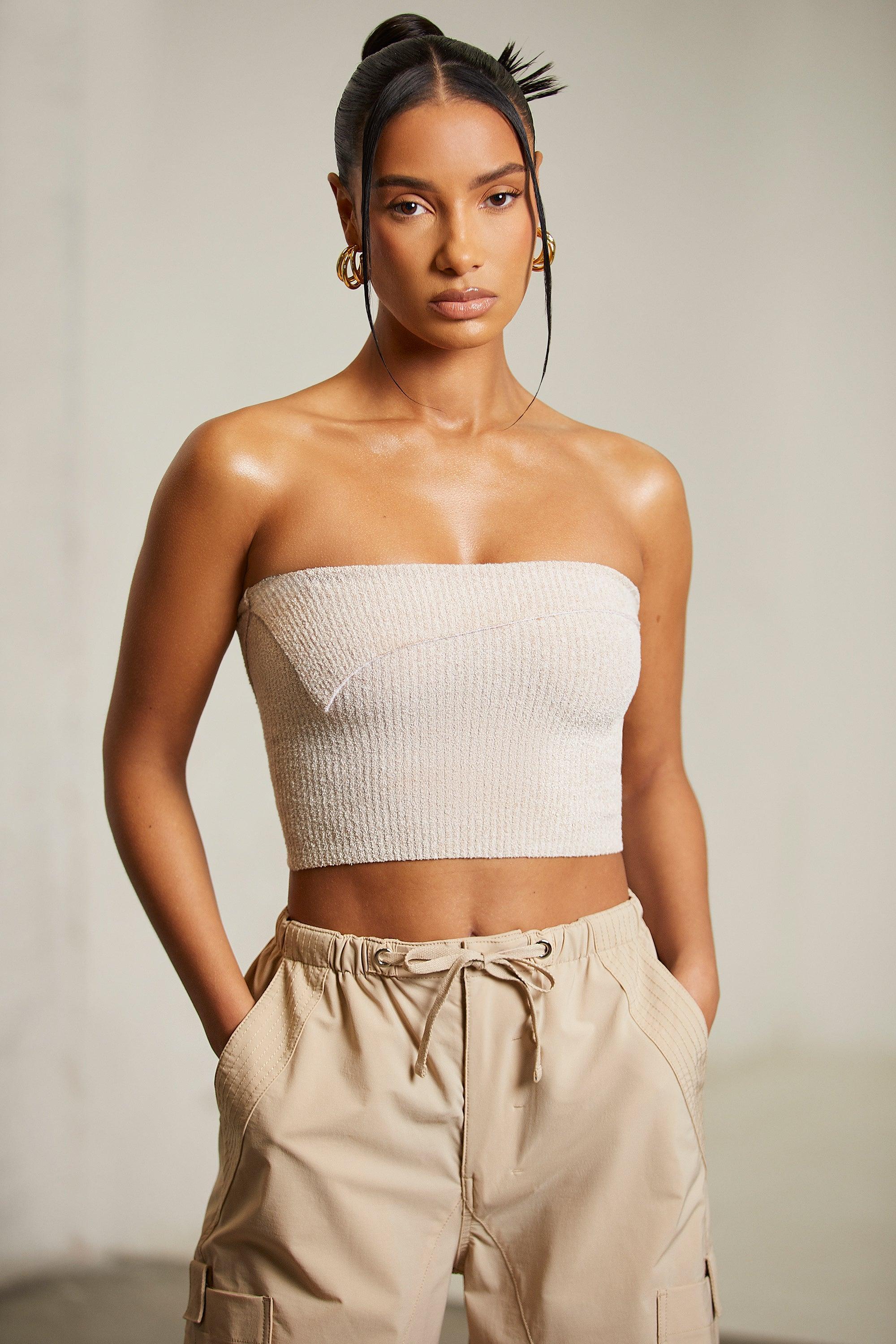 Overlap Bandeau Crop Top in Beige Product Image