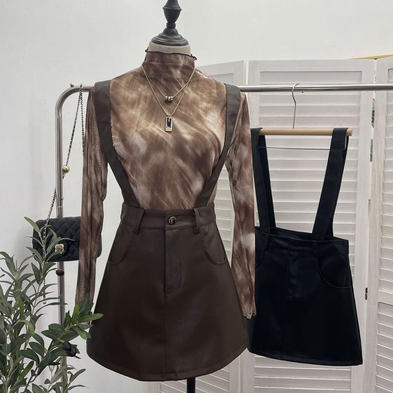 High Rise Faux Leather Suspender Mini A-Line Skirt Product Image