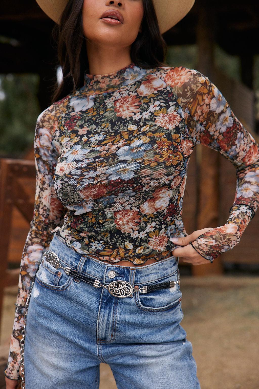 Astrid Floral Mesh Long Sleeve Top Product Image