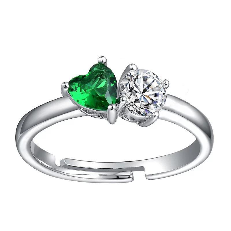 Sterling Silver Cubic Zirconia & Diamond Accent Two-Stone Heart Promise Ring, Womens Green Product Image