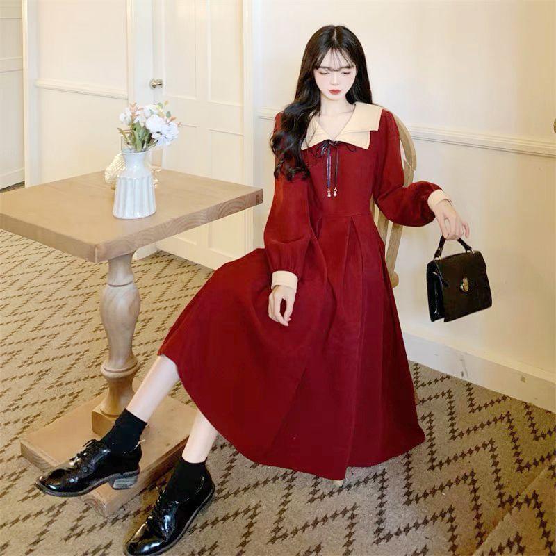 Long-Sleeve Collar Two Tone Bow Midi A-Line Dress Product Image