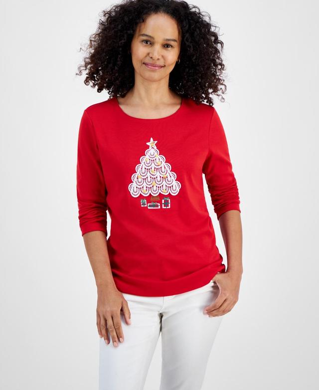 Holiday Lane Womens Crochet Tree Long-Sleeve Tee, Created for Macys Product Image