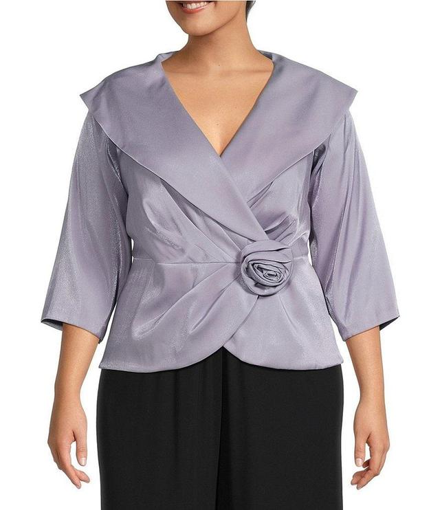 Alex Evenings Plus Size 3/4 Sleeve Portrait Collar Neck Flower Detail Shimmer Satin Blouse Product Image