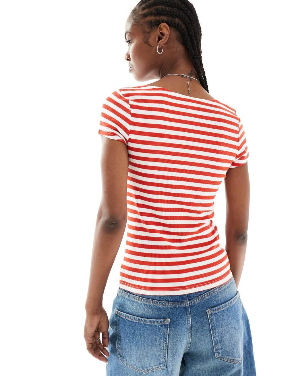 Monki fitted short sleeve top with boat neck in red and white stripes Product Image