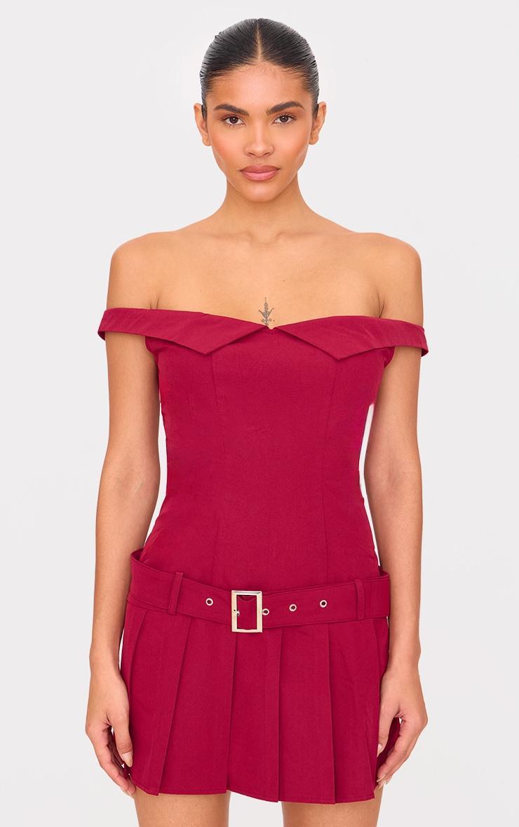 Burgundy Bardot Belted Pleated Shift Dress product image