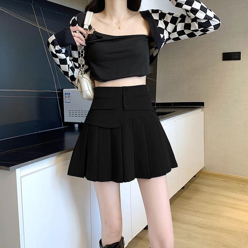 High Rise Plain Asymmetrical Pleated Mini A-Line Skirt Product Image