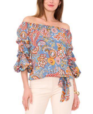 Women's Printed Off The Shoulder Bubble Sleeve Tie Front Blouse Product Image