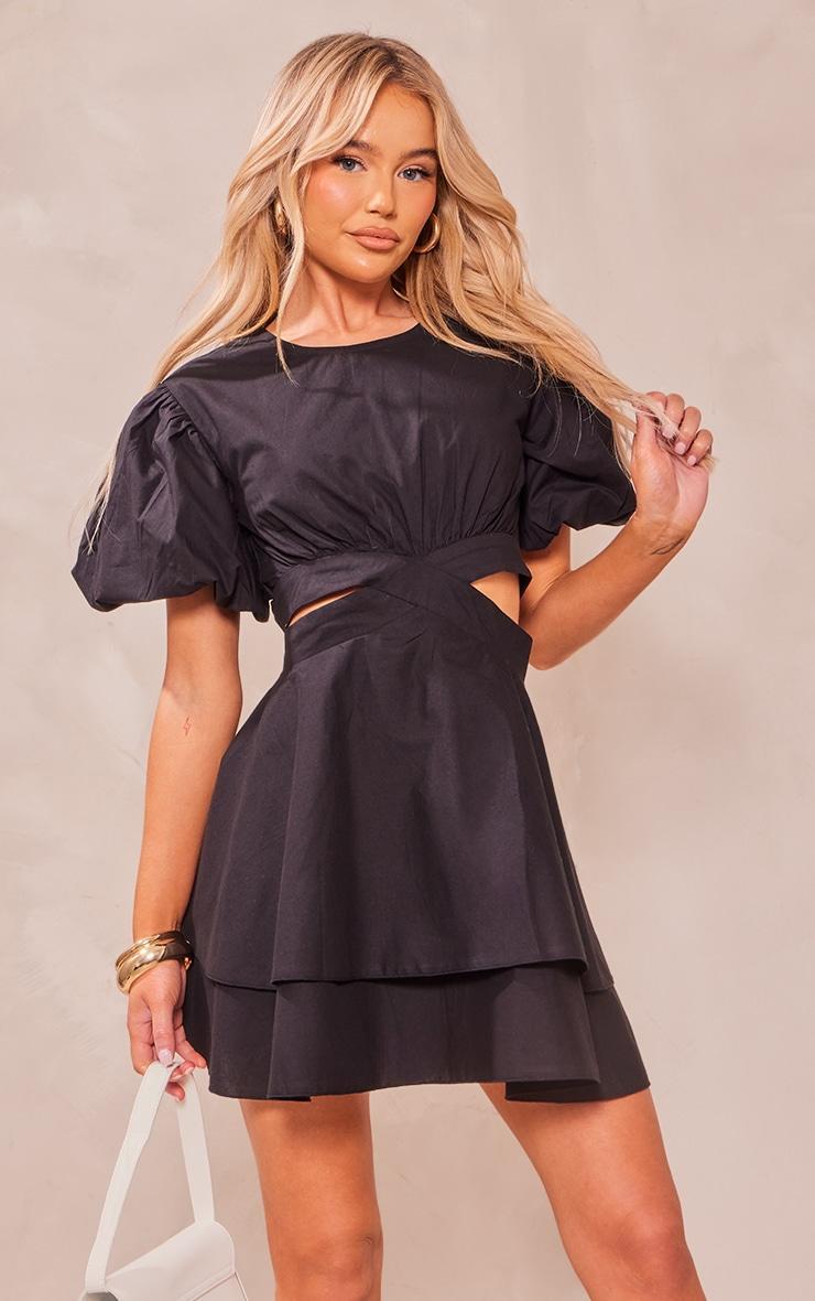 Black Puff Sleeve Cut Out Shift Dress Product Image