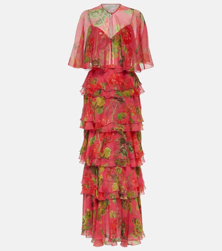 OSCAR DE LA RENTA Floral Tiered Silk Chiffon Gown In Red Product Image