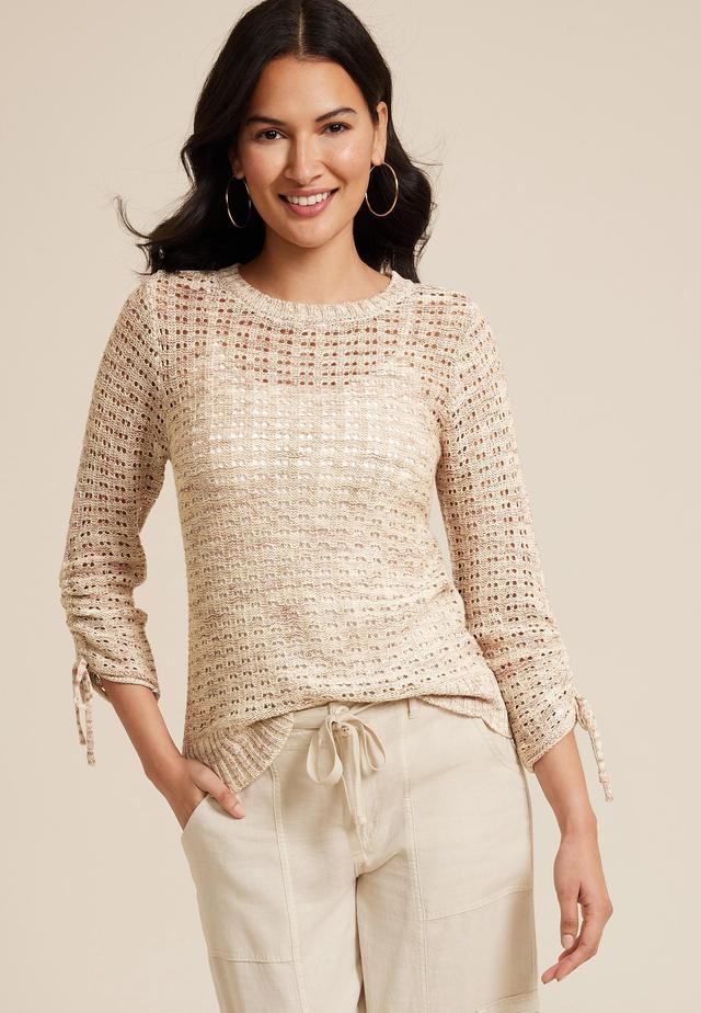 Marled Pointelle Cinched Sleeve Sweater Product Image