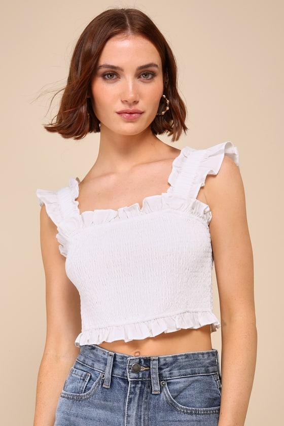 Sweetly Flirtatious Ivory Smocked Cropped Ruffled Tie-Strap Top product image