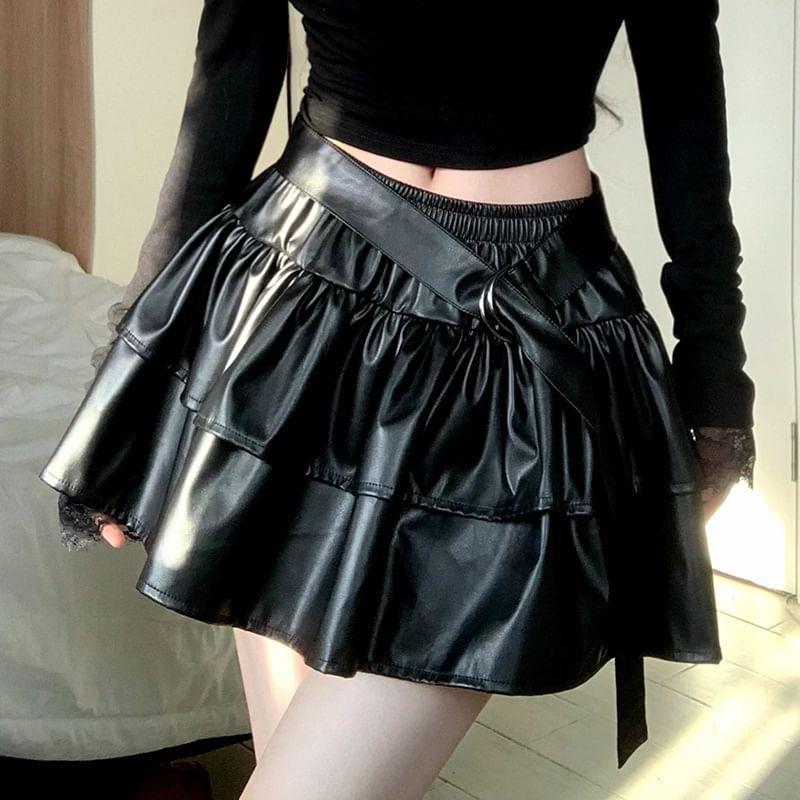 Low Rise Belt Accent Plain Faux Leather Mini A-Line Skirt Product Image