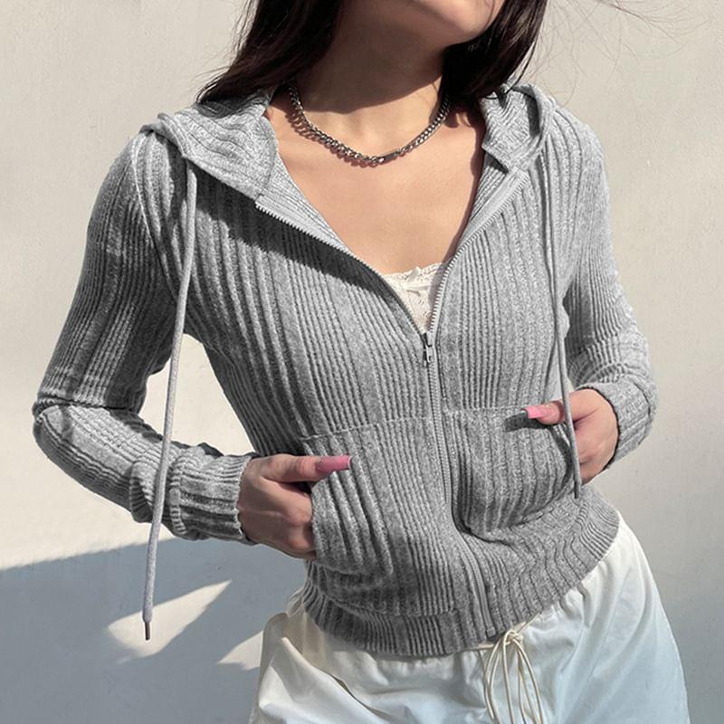 Plain Hooded Ribbed Zip Cardigan Product Image